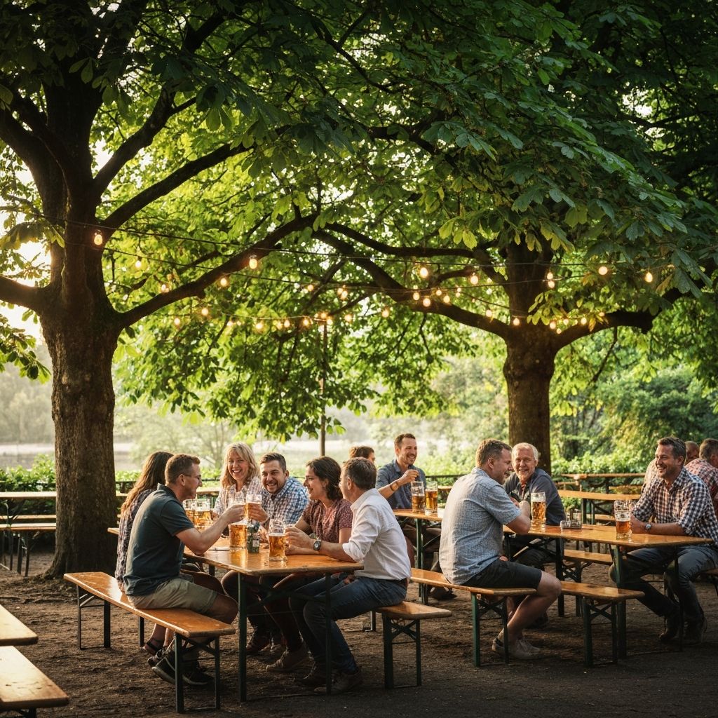 Deutscher Biergarten im Sommer mit Kastanienbaeumen