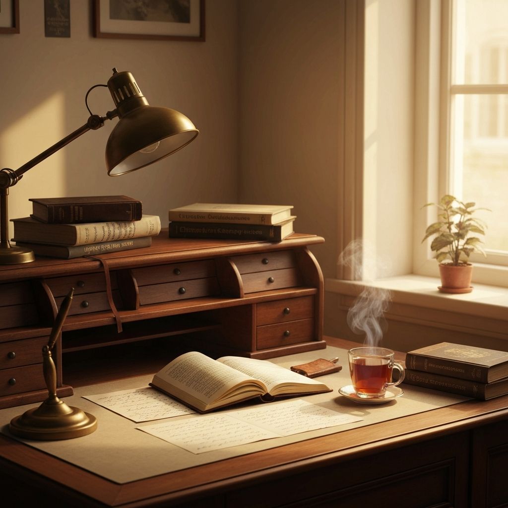 Redaktioneller Schreibtisch mit Notizen und einer Tasse Tee