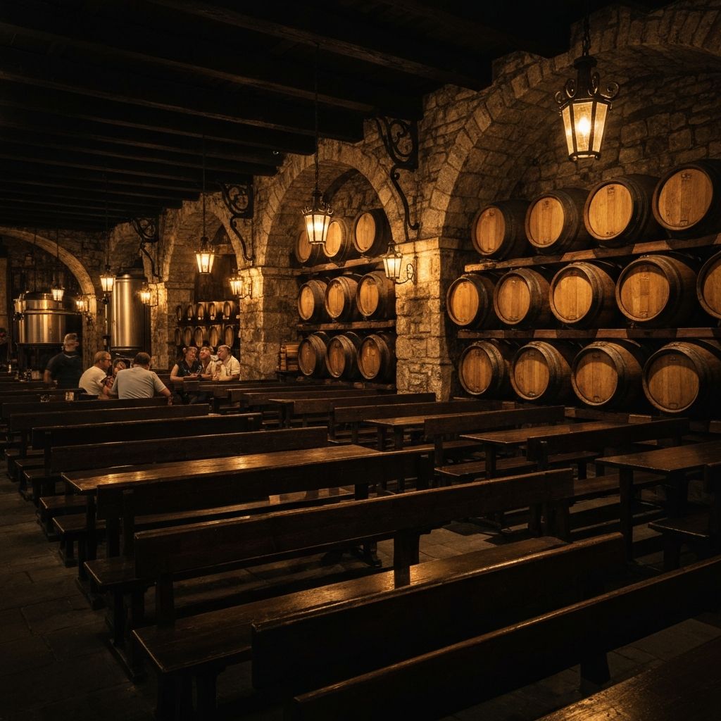 Historisches deutsches Wirtshaus von innen mit langen Holztischen